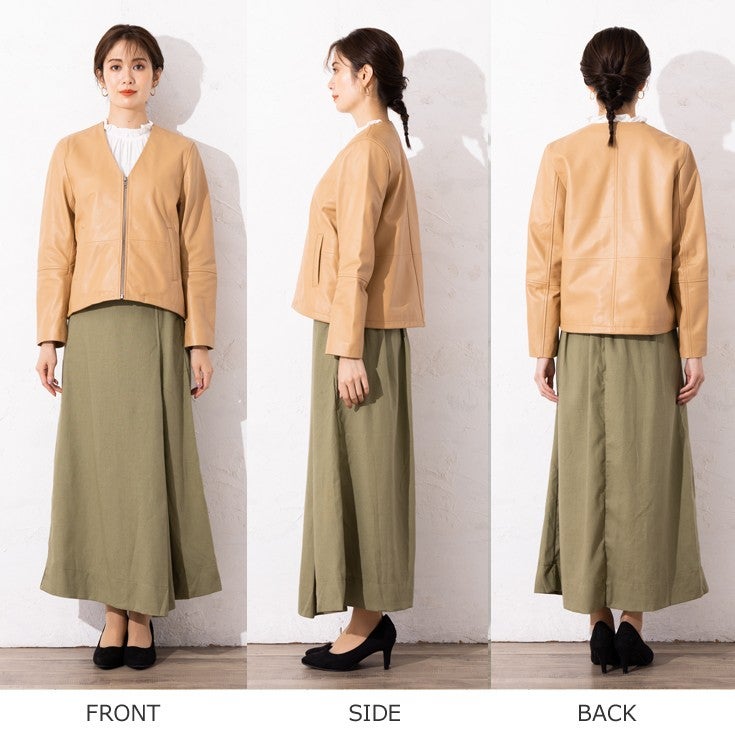 LIUGOO 本革 ノーカラーVネックシングルジャケット レディース