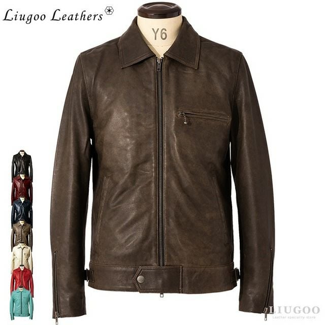 Liugoo Leathers 本革 UK襟付きシングルライダースジャケット メンズ