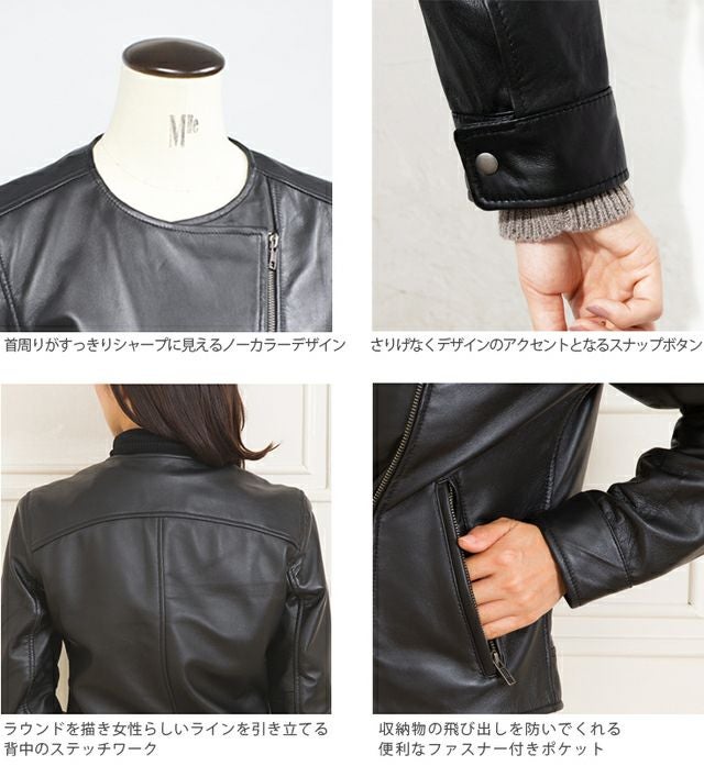 LIUGOO 本革 ノーカラーダブルライダースジャケット レディース