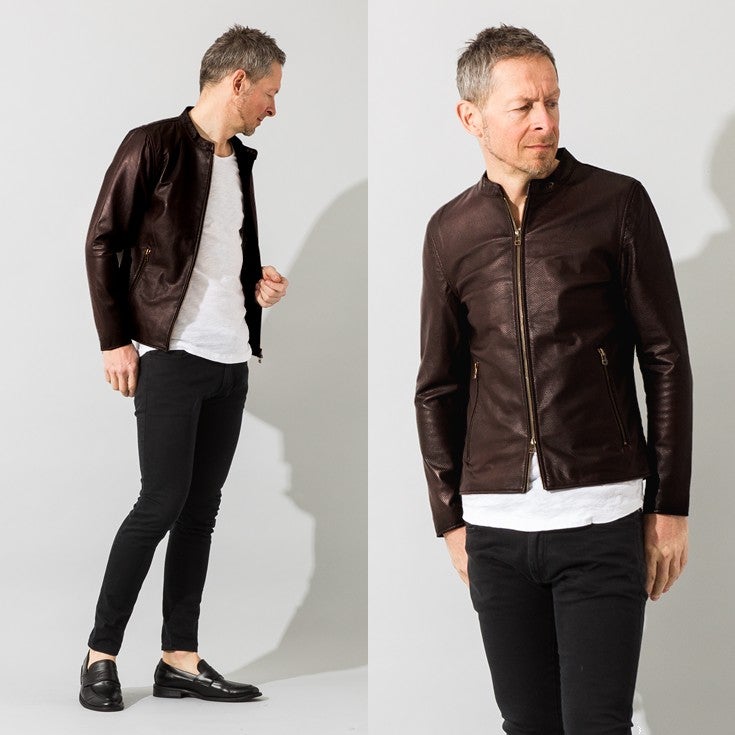 LIUGOO 本革 メッシュレザー シングルライダースジャケット メンズ 