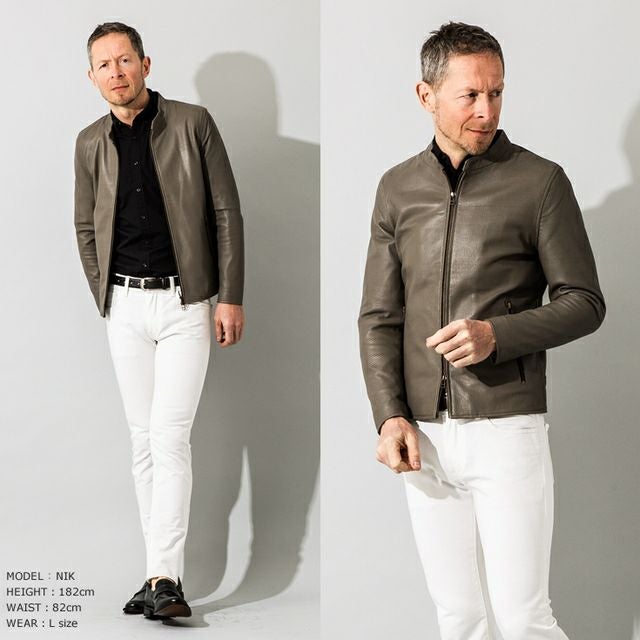 LIUGOO 本革 メッシュレザー シングルライダースジャケット メンズ