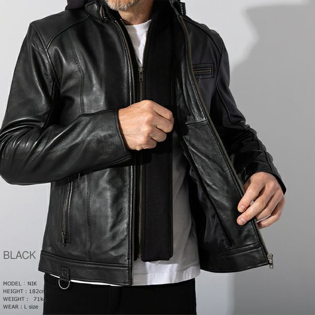 LIUGOO シープレザーフードライダース ブラック Liugoo Leathers 本革 フード付シングルライダース メンズ リューグー