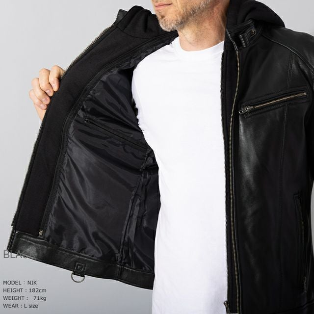 Liugoo Leathers 本革 フード付シングルライダース メンズ リューグー