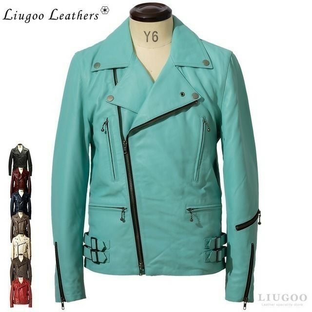 リューグーレザー　ターコイズ　ライダース LIUGOO　LEATHER Liugoo Leathers 本革 UKダブルライダースジャケット メンズ
