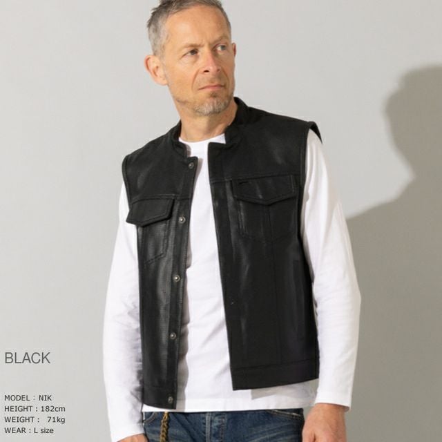 Liugoo Leathers 本革 メッシュレザーバイカーベスト メンズ