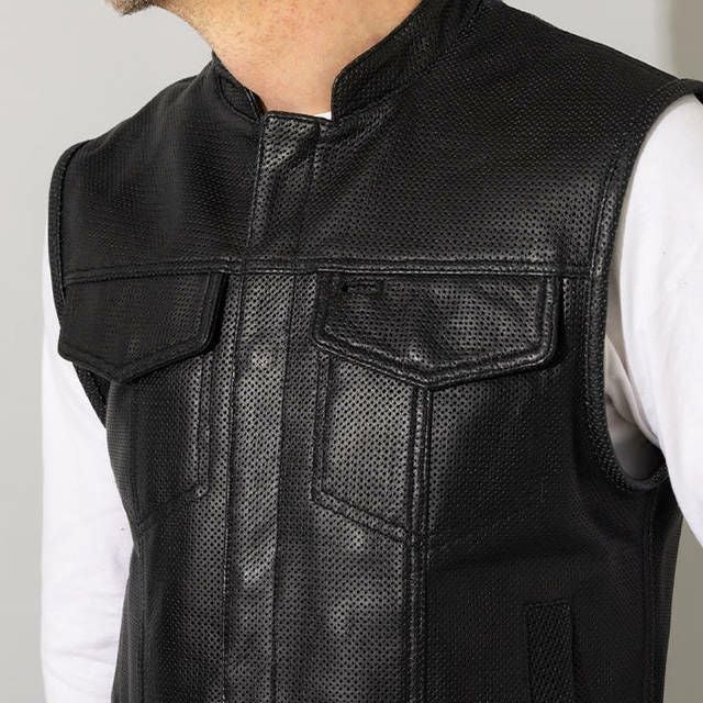 Liugoo Leathers 本革 メッシュレザーバイカーベスト メンズ