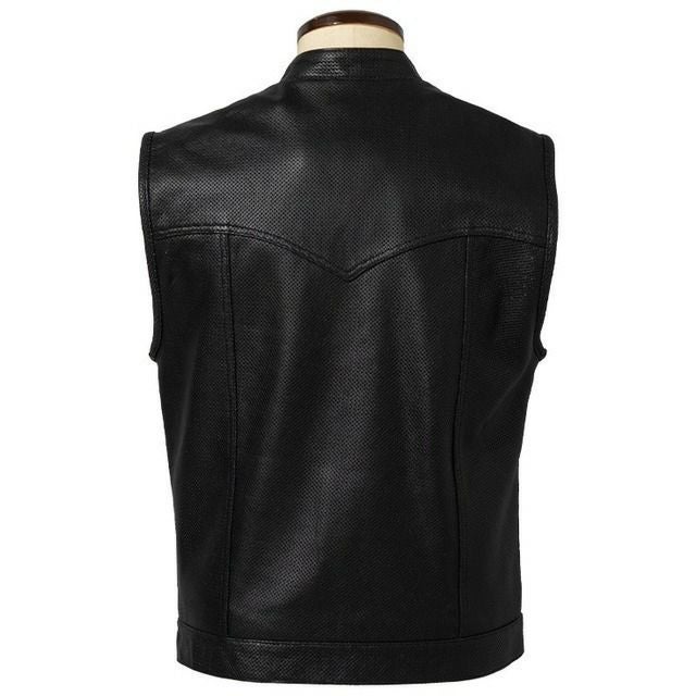 Liugoo Leathers 本革 メッシュレザーバイカーベスト メンズ