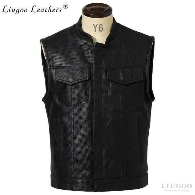 Liugoo Leathers 本革 メッシュレザーバイカーベスト メンズ
