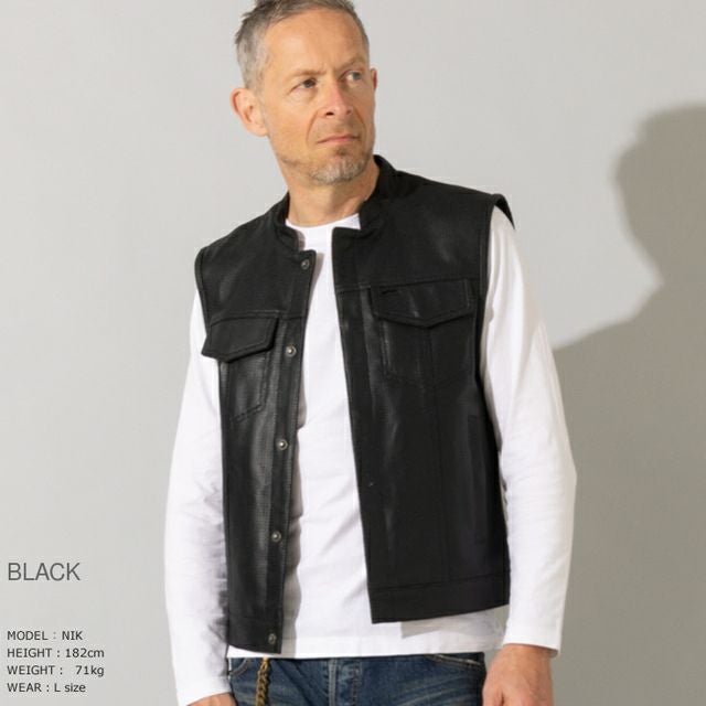 Liugoo Leathers 本革 メッシュレザーバイカーベスト メンズ
