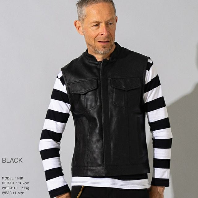 Liugoo Leathers 本革 メッシュレザーバイカーベスト メンズ
