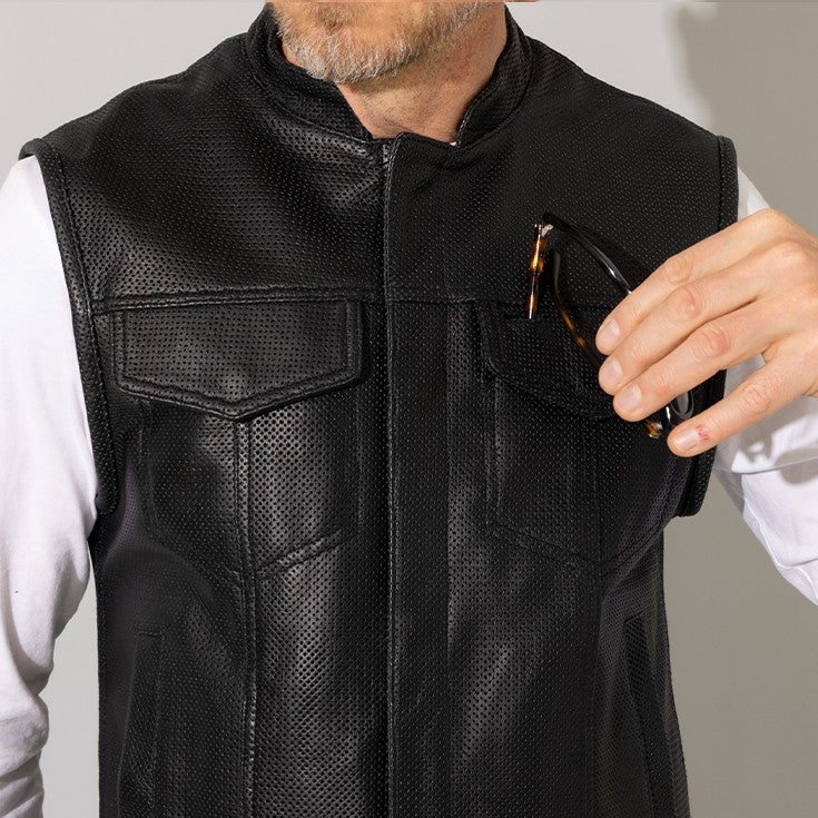 Liugoo Leathers 本革 メッシュレザーバイカーベスト メンズ 