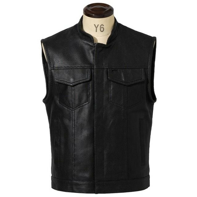 Liugoo Leathers 本革 メッシュレザーバイカーベスト メンズ