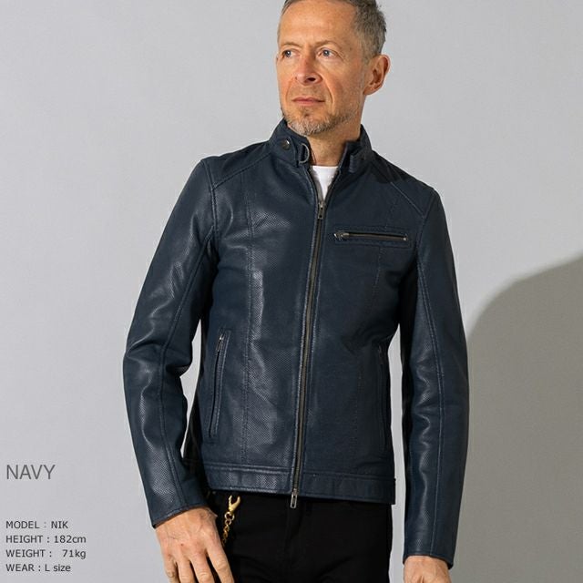 極美品！！Liugoo Leathersレザージャケット Lサイズ　ネイビー Liugoo Leathers 本革 メッシュレザー シングルライダースジャケット