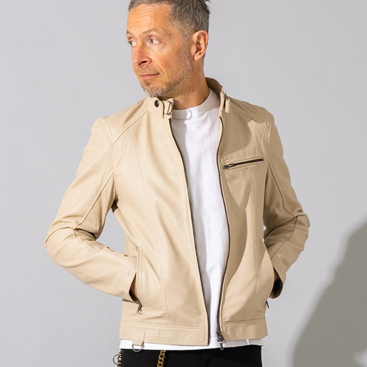 COLOR GAME ベージュ レザー ジャケット LL 革ジャン Liugoo Leathers 本革 メッシュレザー シングルライダースジャケット