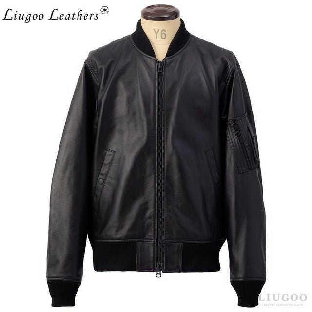 美品■リューグーレザーズ　レザージャケット　MA-1 羊革　ブラック　LL Liugoo Leathers 本革 MA-1フライトジャケット メンズ リューグー