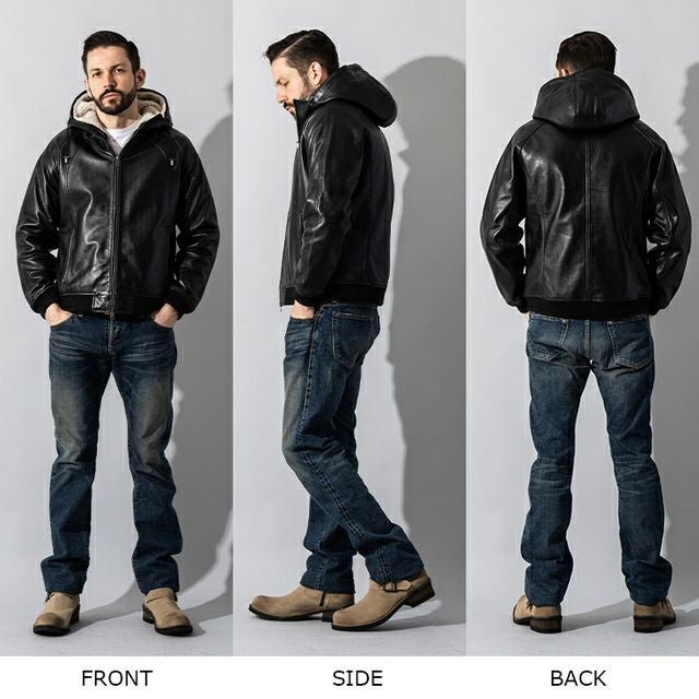 Liugoo Leathers 本革 着脱ボアライナー付防寒レザーパーカー メンズ