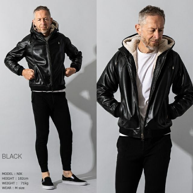 Liugoo tokyoラムレザージャケット　パーカー Liugoo Leathers 本革 着脱ボアライナー付防寒レザーパーカー メンズ