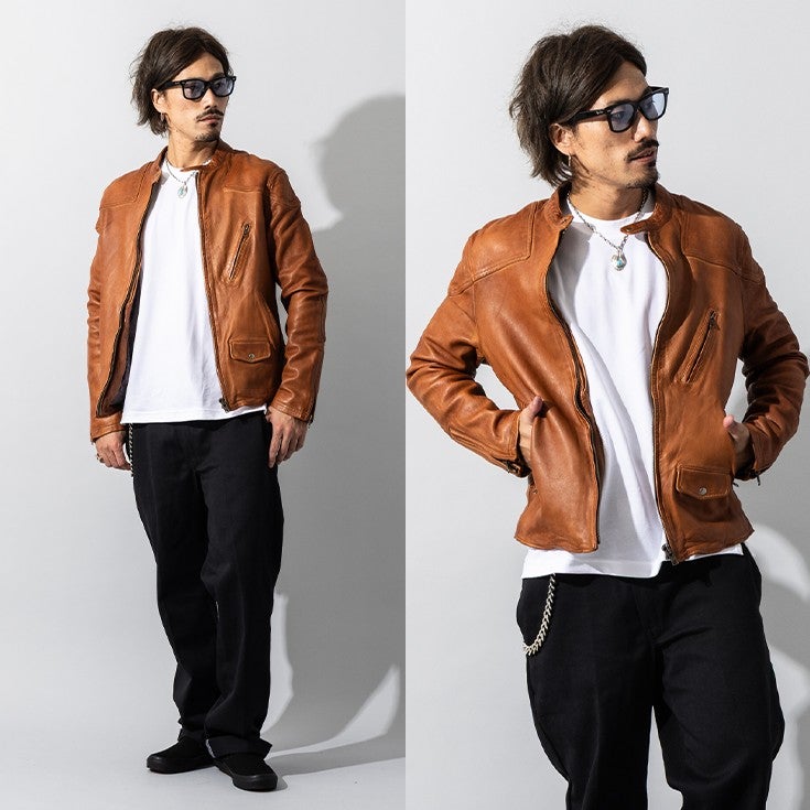 Liugoo Leathers 本革 フルベジ ビンテージ仕上げ シングルライダース 