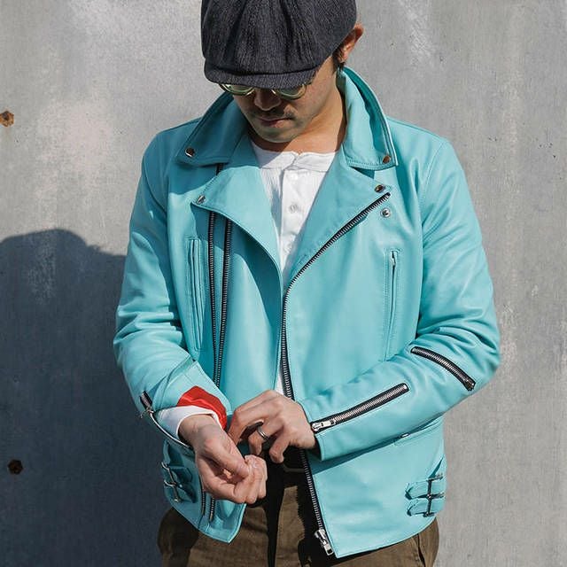 ラムレザージャケット　羊革　パステルブルー水色　春　wishコア　ライダース 革ジャン レザーダウンジャケット レザージャケット メンズ 本革